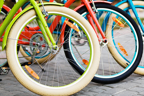 istock Three beautiful lady city bikes 531557116