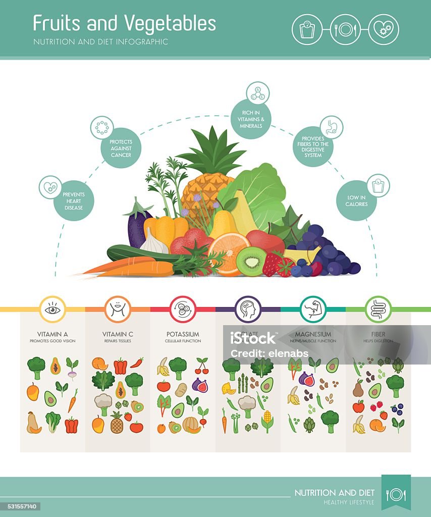 Fruits and vegetables nutrients and benefits Fruits and vegetables nutrients and benefits infographic with vegetabels composition and icons set Dietary Fiber stock vector