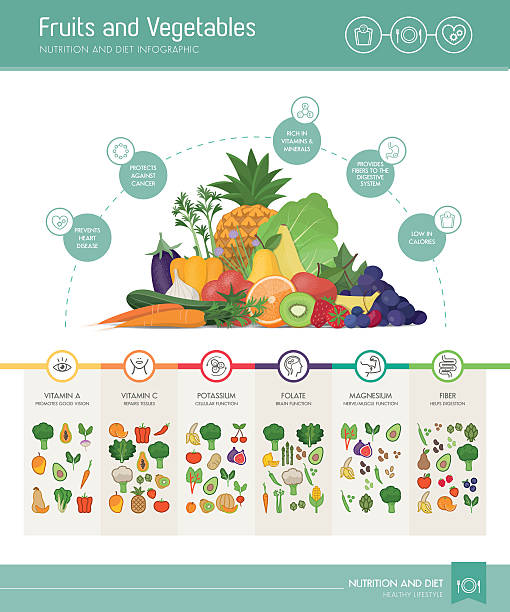 Fruits and vegetables nutrients and benefits Fruits and vegetables nutrients and benefits infographic with vegetabels composition and icons set vitamin a nutrient stock illustrations