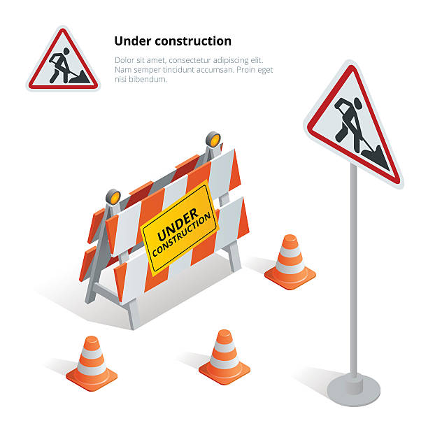 Road repair Road repair, under construction road sign, Repairs, maintenance and construction of pavement, Road closed sign with orange lights against. Flat 3d vector isometric illustration traffic cone isolated road warning sign three dimensional shape stock illustrations