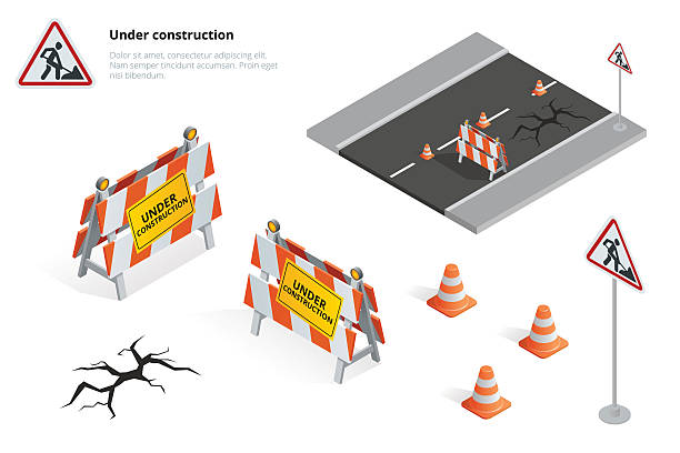 Road repair Road repair, under construction road sign, Repairs, maintenance and construction of pavement, Road closed sign with orange lights against. Flat 3d vector isometric illustration construction zone signs stock illustrations
