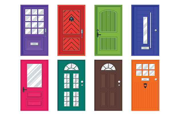 Set of detailed front doors for private house or building. Set of detailed front doors for private house or building. Interior / exterior home entrance decoration elements. Isolated modern architecture element. Wooden doorway construction. Vector illustration door illustrations stock illustrations