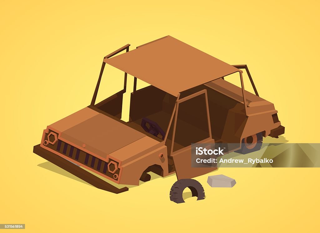 Low poly old rusty car Old rusty car against the yellow background. 3D lowpoly isometric vector illustration Car stock vector