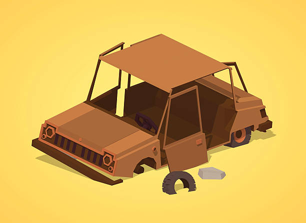 Low poly old rusty car Old rusty car against the yellow background. 3D lowpoly isometric vector illustration clip art of junk yard stock illustrations