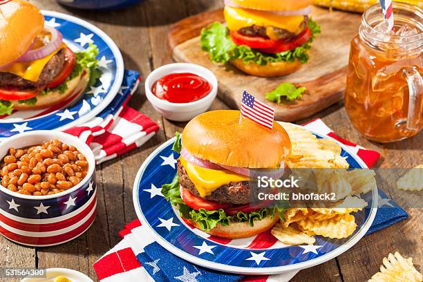 Homemade Memorial Day Hamburger Picnic Stock Photo - Download Image Now - USA, Food, Fourth of July