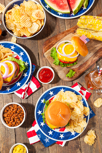 Homemade Memorial Day Hamburger Picnic with Chips and Fruit