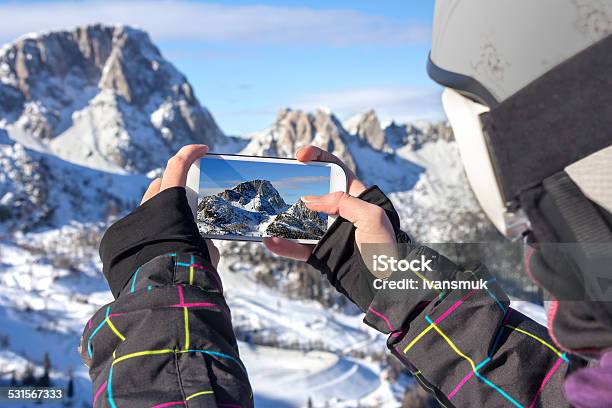 Photographing Winter Landscape With Smart Phone Stock Photo - Download Image Now - Snow, Telephone, Winter