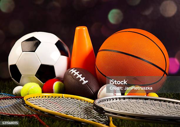 Sports Balls With Equipment Stock Photo - Download Image Now - 2015, Activity, American Football - Ball