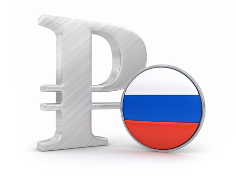 Rouble symbol with Russian flag, 3d render