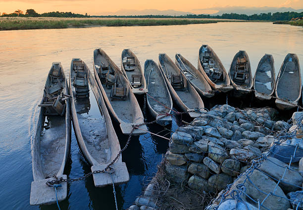 bateaux sur l'amarrage dans le parc national de chitvan au népal. - logboat photos et images de collection