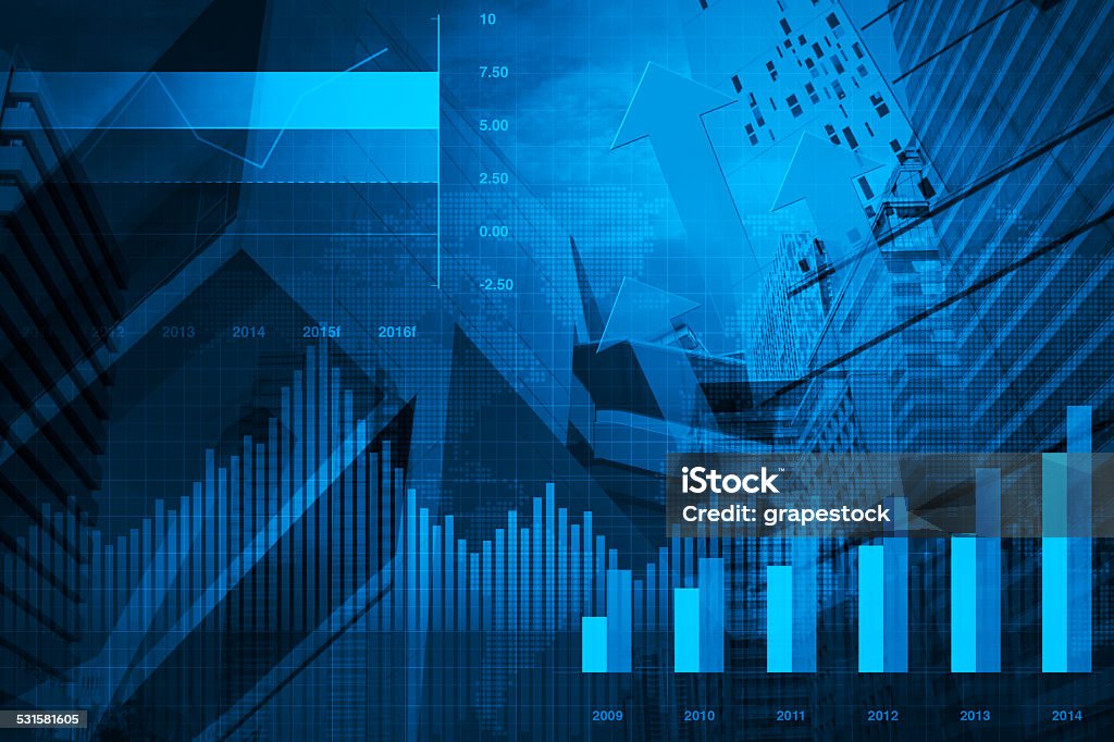 Financial and business chart and graphs Financial and business chart and graphs on tower and map background Financial Report Stock Photo