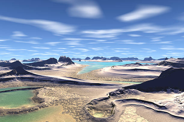 istock 3D rendered fantasy alien planet. Rocks and lake 531583741