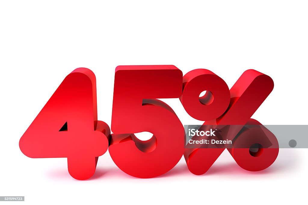 45% 3D Render Red Word Isolated in White Background 45% off 3D render word isolated in white background for discount and sale Three Dimensional Stock Photo