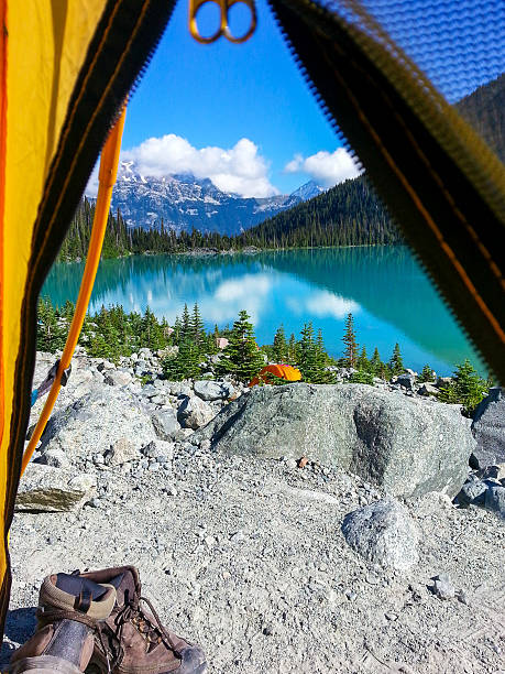 istock View of lake and mountains from inside a camping tent. 531595737