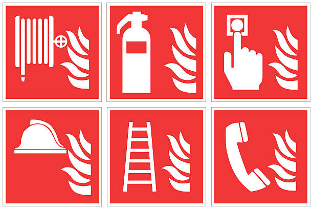 ilustraciones, imágenes clip art, dibujos animados e iconos de stock de estándar de alta calidad, seguridad contra incendios señal de - safety sign protective workwear factory