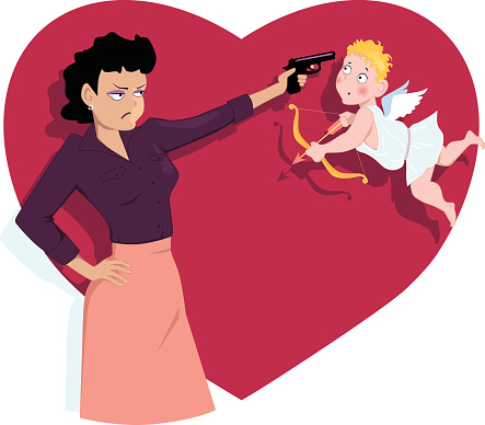 Angry young woman pointing a pistol to a confused Valentine's day Cupid, vector cartoon, no transparencies, EPS 8