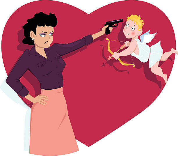 Don't Even Try Angry young woman pointing a pistol to a confused Valentine's day Cupid, vector cartoon, no transparencies, EPS 8 Anti Valentine stock illustrations