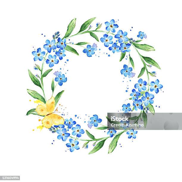 Watercolor Forgetmenot Wreath Natural Round Frame With Blossom Stock Illustration - Download Image Now