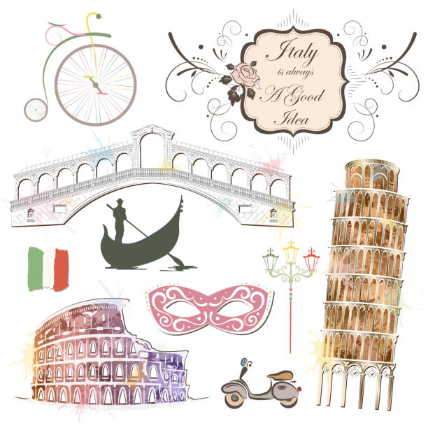 Attractions Of Italy Landmarks of Italy, the pattern retro style, vector illustration venezia stock illustrations