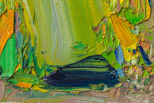 This is a closeup from green yellow and blue oil painting on linen canvas made with high quality artist paints and tools. Showing paintbrush strokes and traces from palette knives. Photographed in daylight with Canon 5D Mark II and 100mm macro lens. Suitable as backgrounds, wallpaper or decorative art. Created by me.