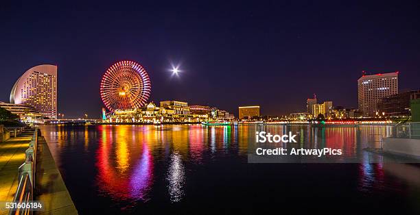 Japan Yokohama At Starry Night With Full Moon Stock Photo - Download Image Now - Capital Cities, City, Famous Place