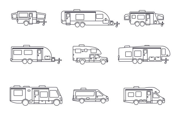 ilustrações de stock, clip art, desenhos animados e ícones de recreio veículos a motor e reboques de acampamento casas - rv