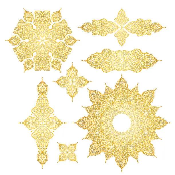 Vector illustration of set of gold oriental ornament on white background, pattern, mandala