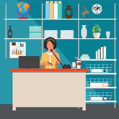 Business woman talking on the phone in office, Interior office room, office desk, conceptual vector illustration.