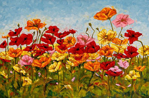 Field of Colorful Poppies Oil Painting stock photo