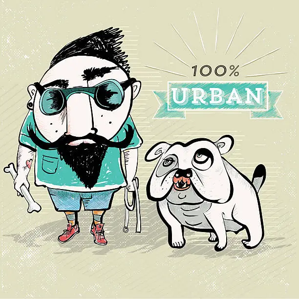 Vector illustration of bearded grunge guy with bulldog