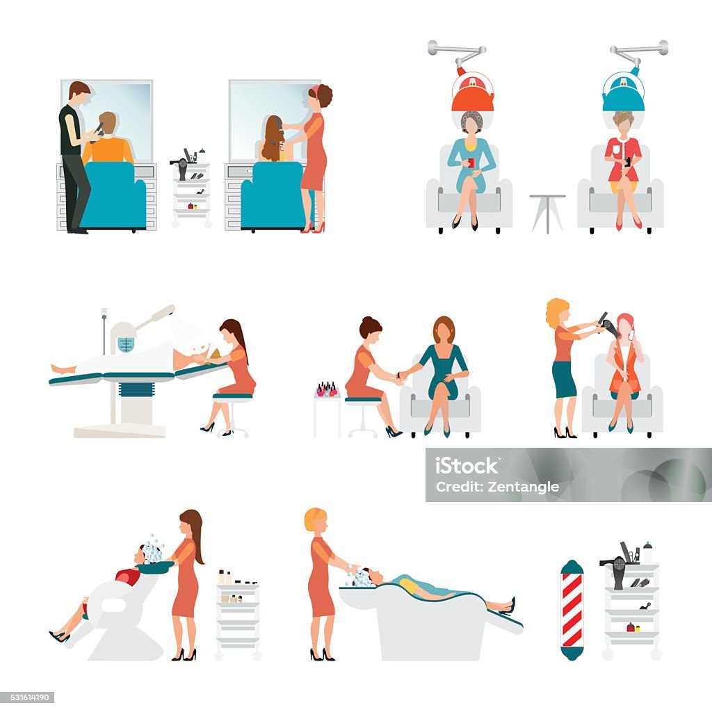 Hair beauty salon with hairdresser and customer. Hair beauty salon with hairdresser and customer, hair curl rollers, washing hair, hair cut, hair dryer, nails manicure and spa face treatment isolated on white background, vector illustration. Washing Hair stock vector