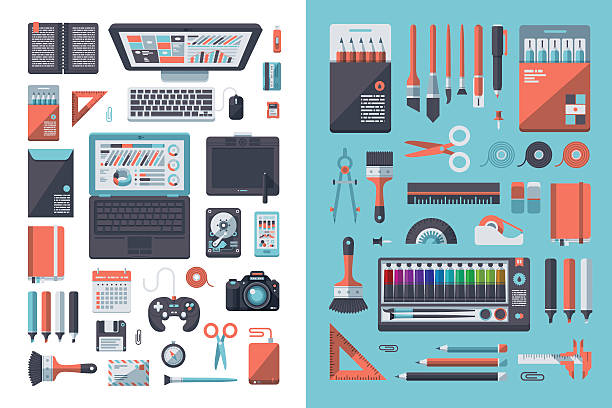 ilustraciones, imágenes clip art, dibujos animados e iconos de stock de diseñador de diseño plano conjunto de escritorio - writing instrument