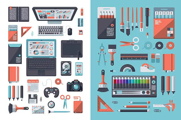 Vector illustration of Designer's Desk Flat Design Set