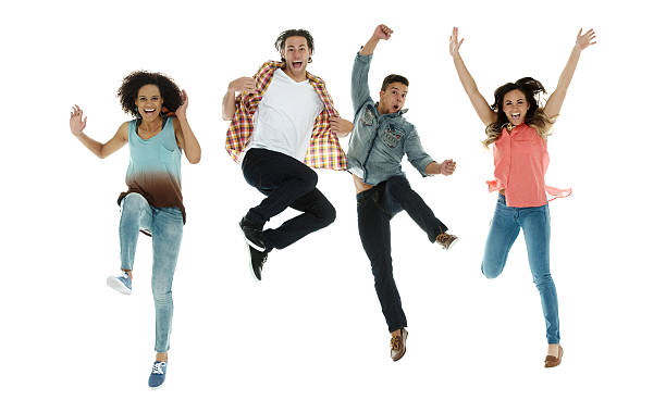 istock Four excited friends jumping in the air 531615206