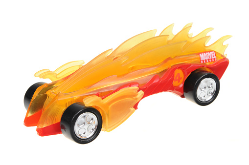 Adelaide, Australia - April 24, 2016:An isolated shot of a 2005 The Human Torch Fantastic 4 Majorette Hot Wheels Diecast Toy Car. Replica cars made by Majorette are highly sought after collectables.