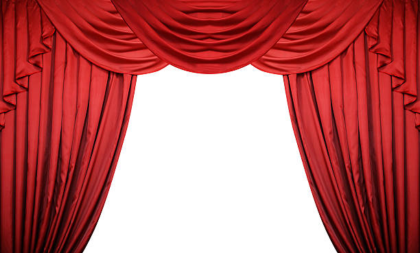 istock Open red curtains on white background. Theater or movie presentation 531618996