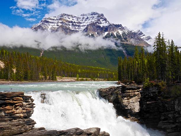 istock Waterfalls, Rocks, Trees, Snow Capped Mountains and Clouds. 531619772