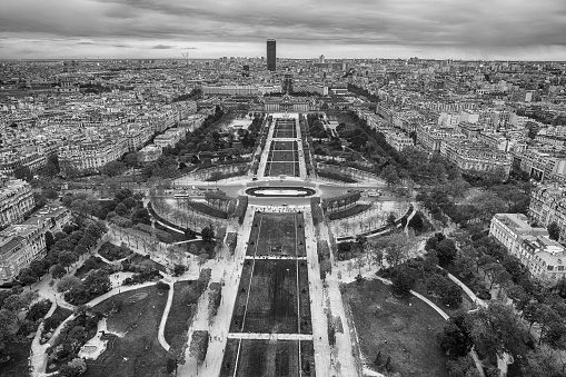 black and white Paris aerial view landscape panorama from eiffel tower