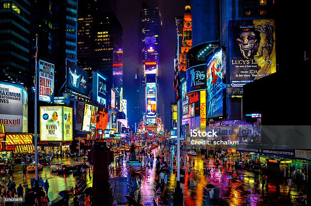 Times Square Times Square in New York on a rainy night. New York City Stock Photo