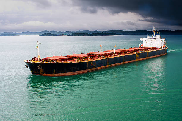 A fully loaded container ship heading toward the Port of Houston, Texas from the Gulf of Mexico.