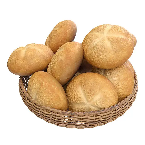 Basket with delicious buns  isolated over white.  3d illustration