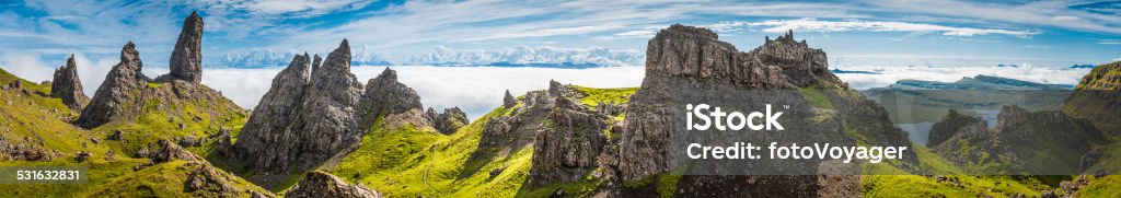 Dramatic rocky pinnacles panorama Storr Skye overlooking clouds Highland Scotland The dramatic rocky pinnacles of The Sanctuary on the Storr in the north of the Isle of Skye high above the clouds covering the ocean below, Highlands, Scotland. ProPhoto RGB profile for maximum color fidelity and gamut. Scotland Stock Photo