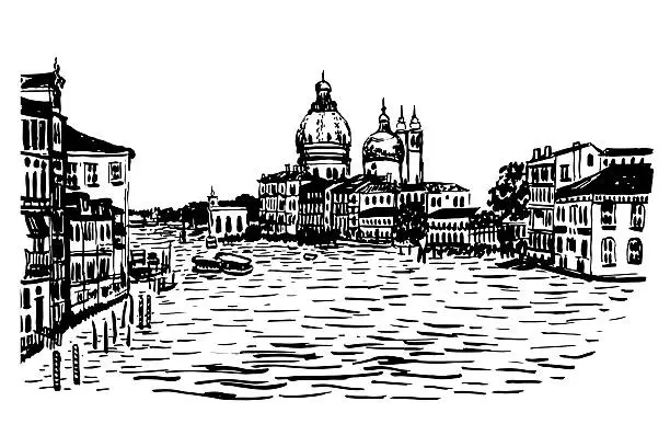 Vector illustration of drawing background cityscBasilica Maria della Salute hand-drawn vector illustration
