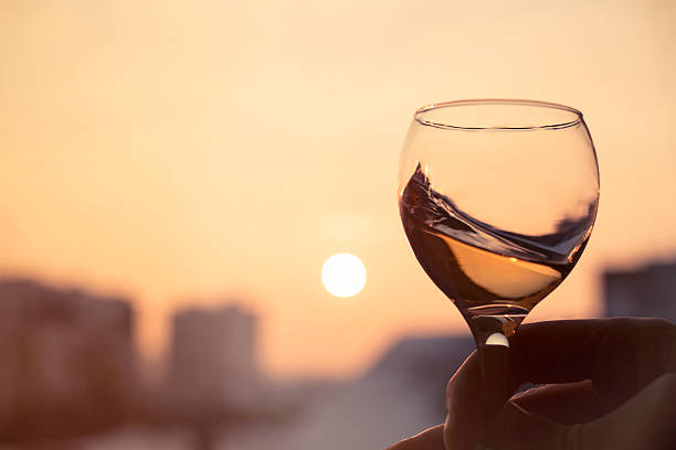 istock Glass of wine against sunset 531633099