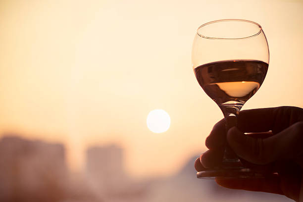 istock Glass of wine against sunset 531633115