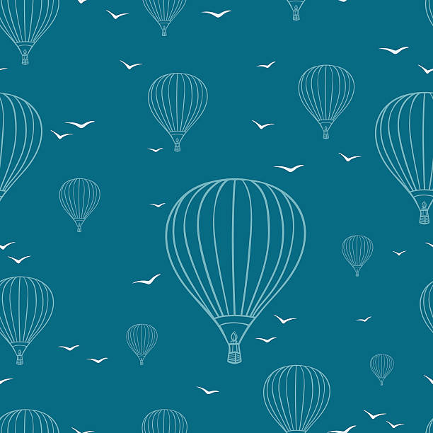 Seamless pattern with hot air balloons and seagull . Outline hot air balloons and seagull on the blue background. balloon designs stock illustrations
