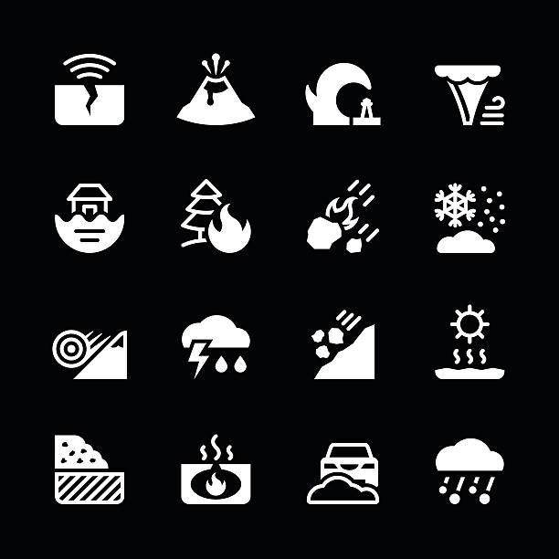 illustrazioni stock, clip art, cartoni animati e icone di tendenza di impostare di icone di catastrofe naturale - natural disaster weather symbol volcano