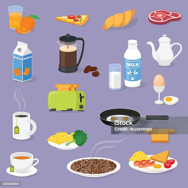 Vetores de Ilustração Vetor De Tempo De Cafédamanhã Com Produtos Frescos E Bebidas e mais imagens de Alimentação Saudável