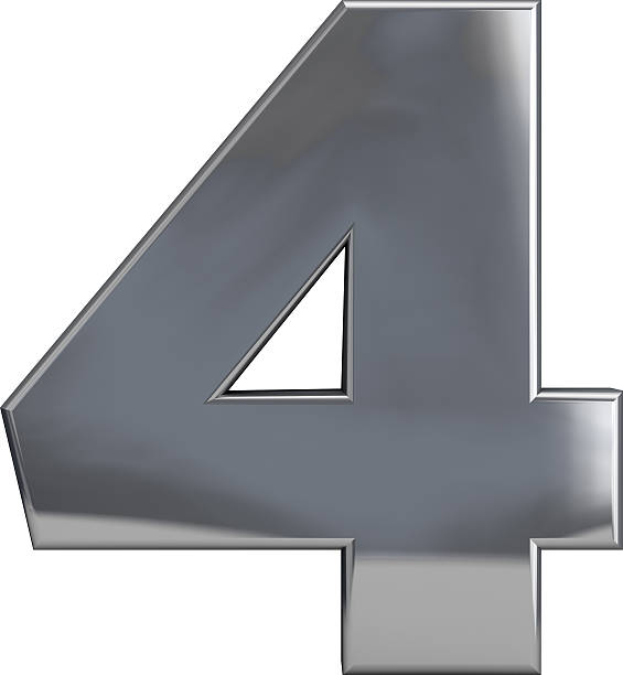 Four - Metal Number 4 Metal number 4 (four) character isolated on white. Including clipping path. Part of complete alphabet set. 3d silver steel number 4 stock pictures, royalty-free photos & images