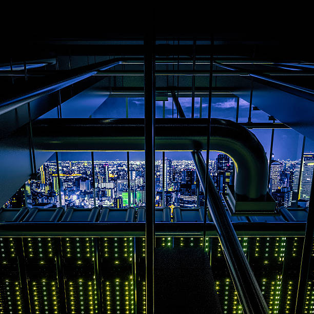 The City's Brain Data center in the City.the high view from cooling equipment and network servers racks with light,3D physically rending high quality.the City image of the background,shoot in Osaka Downtown,Japan with myself. cooling rack photos stock pictures, royalty-free photos & images